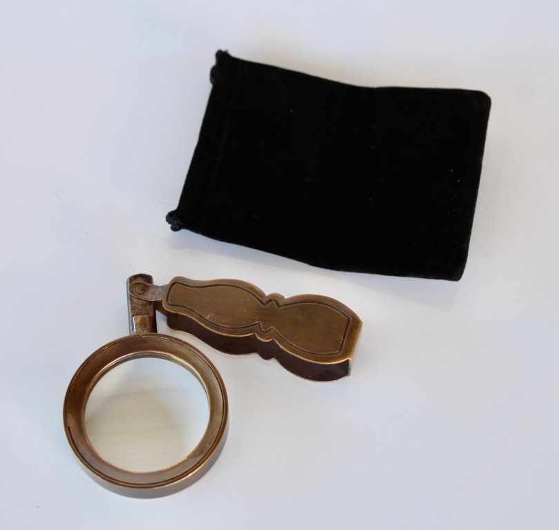 Brass Folding Magnifying Glass In Velvet Pouch